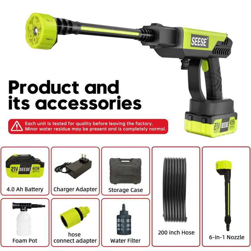 SEESE Cordless Pressure Washer Gun, 1000 PSI Portable Electric Washer for Vehicle, Driveway & Deck - Ergonomic Handle Design with 30min Runtime & 6-in-1 Nozzle toolupgrade