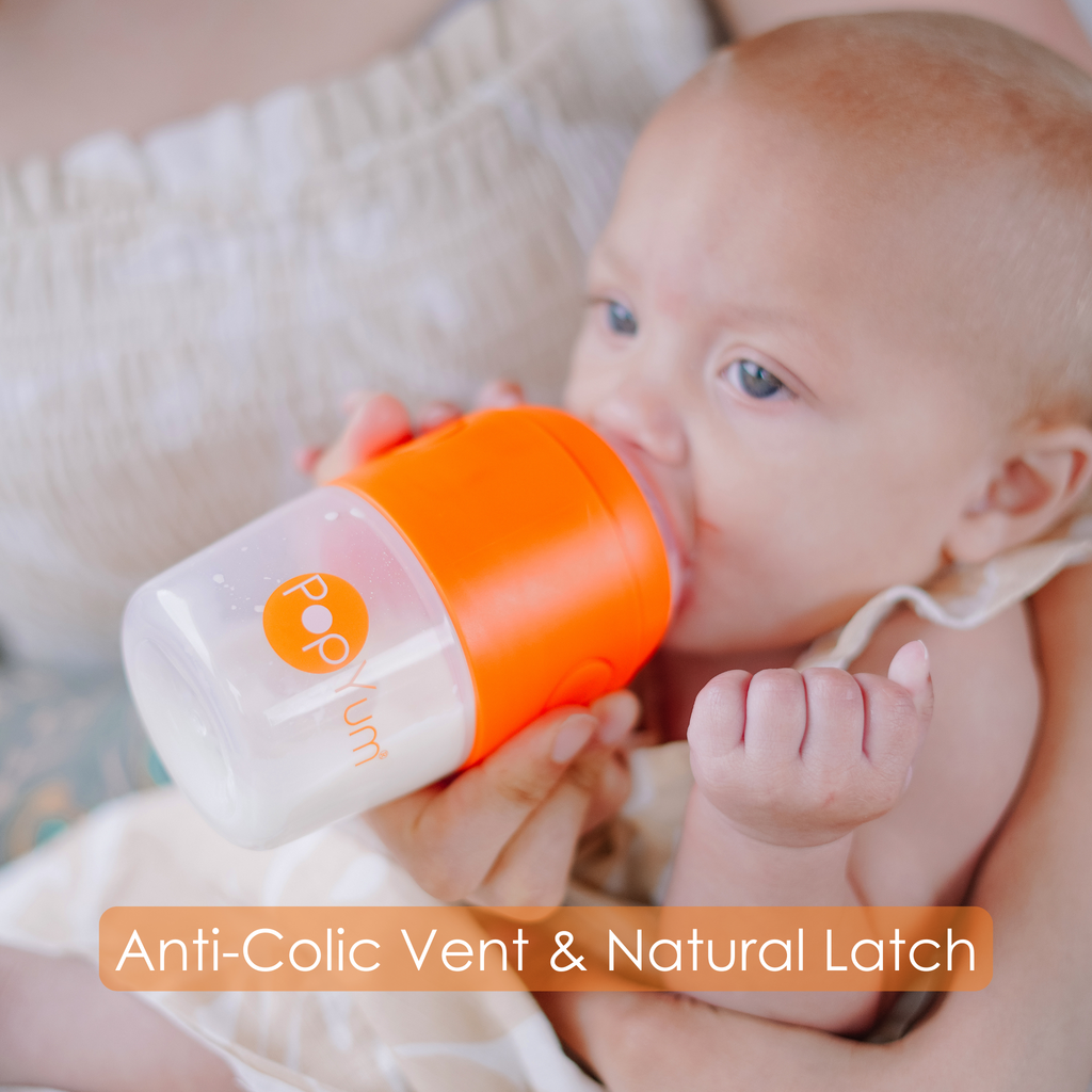 PopYum 9oz Anti-Colic Baby Bottle for Breast and Formula Feeding, 3-Pack, Orange, #2 Medium Flow Nipples