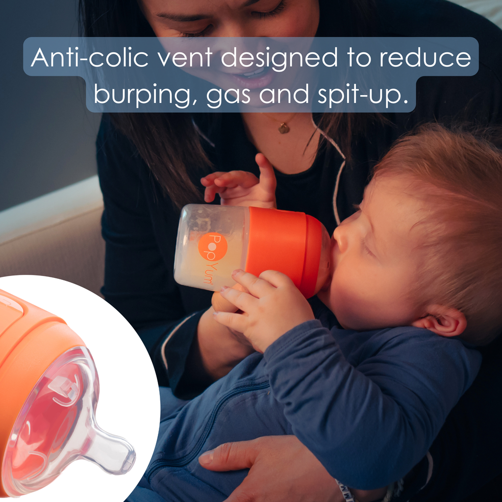 PopYum 9oz Anti-Colic Baby Bottle for Breast and Formula Feeding, 3-Pack, Orange, #2 Medium Flow Nipples