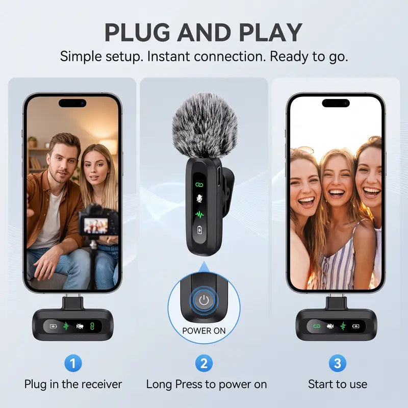 HITOZON Wireless Lavalier Microphone for iPhone/iPad/Android Smartphones, Plug-and-Play Portable USB-C Lapel Mic for Audio/Video Recording, Mini Wireless Microphone for Live Streams, Interviews,Teaching, Vlog, YouTube,Tiktok, 2-Pack Sets, Smartphone, Rech