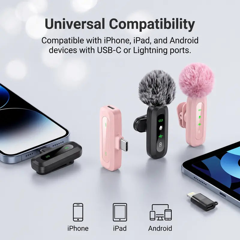 HITOZON Wireless Lavalier Microphone for iPhone/iPad/Android Smartphones, Plug-and-Play Portable USB-C Lapel Mic for Audio/Video Recording, Mini Wireless Microphone for Live Streams, Interviews,Teaching, Vlog, YouTube,Tiktok, 2-Pack Sets, Smartphone, Rech