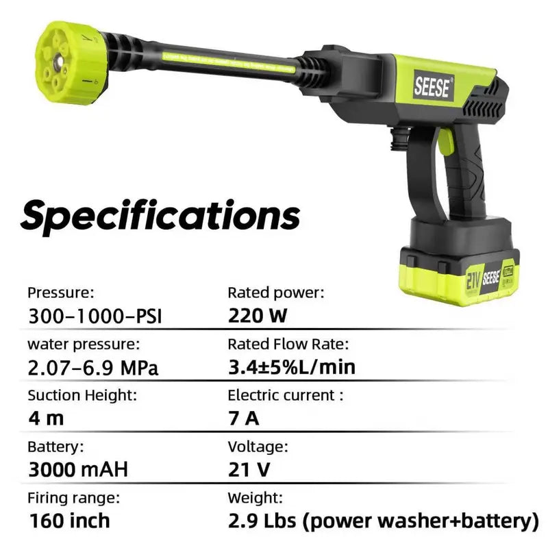 SEESE Cordless Pressure Washer Gun, 1000 PSI Portable Electric Washer for Vehicle, Driveway & Deck - Ergonomic Handle Design with 30min Runtime & 6-in-1 Nozzle toolupgrade