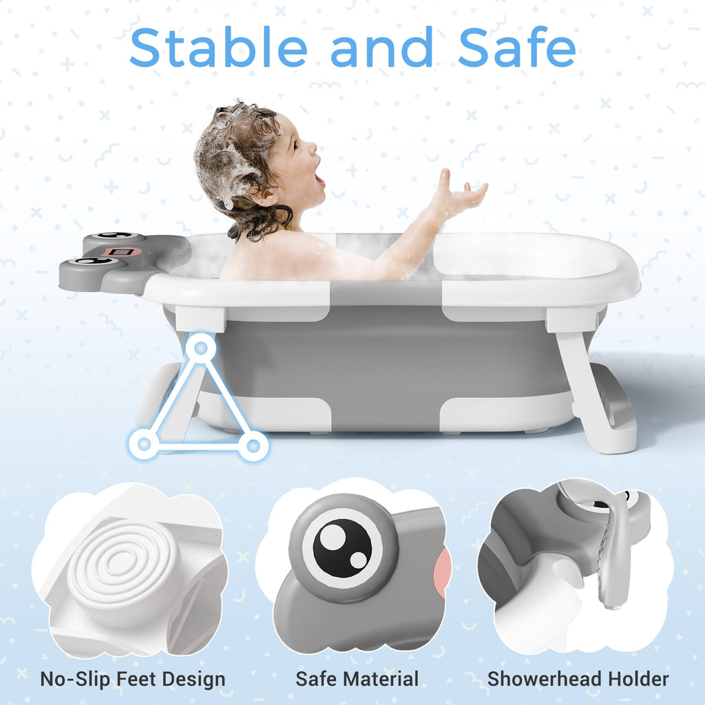 Baby Bathtub, Collapsible Newborn Bathtub for Infant to Toddler 0-24 Months with Soft Cushion and Thermometer,Portable Travel Newborn Tub with No-Slip Feet, Baby Shower Gifts,Green
