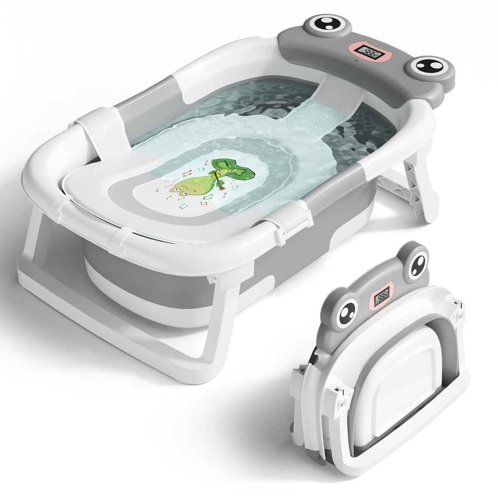 Baby Bathtub, Collapsible Newborn Bathtub for Infant to Toddler 0-24 Months with Soft Cushion and Thermometer,Portable Travel Newborn Tub with No-Slip Feet, Baby Shower Gifts,Green