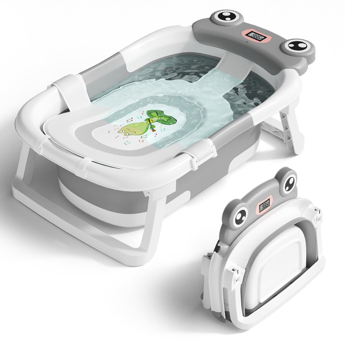 Baby Bathtub, Collapsible Newborn Bathtub for Infant to Toddler 0-24 Months with Soft Cushion and Thermometer,Portable Travel Newborn Tub with No-Slip Feet, Baby Shower Gifts,Green