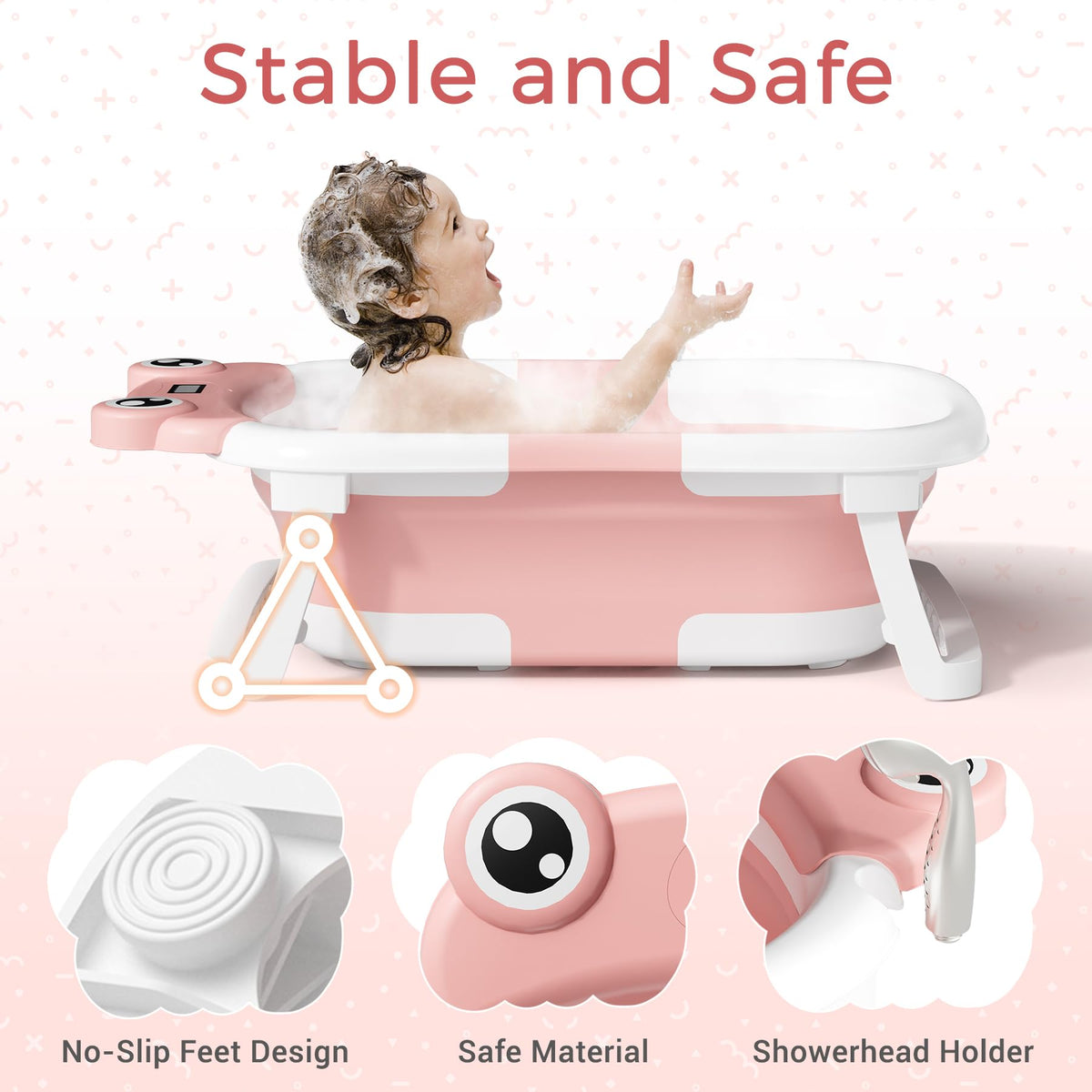 Baby Bathtub, Collapsible Newborn Bathtub for Infant to Toddler 0-24 Months with Soft Cushion and Thermometer,Portable Travel Newborn Tub with No-Slip Feet, Baby Shower Gifts,Green