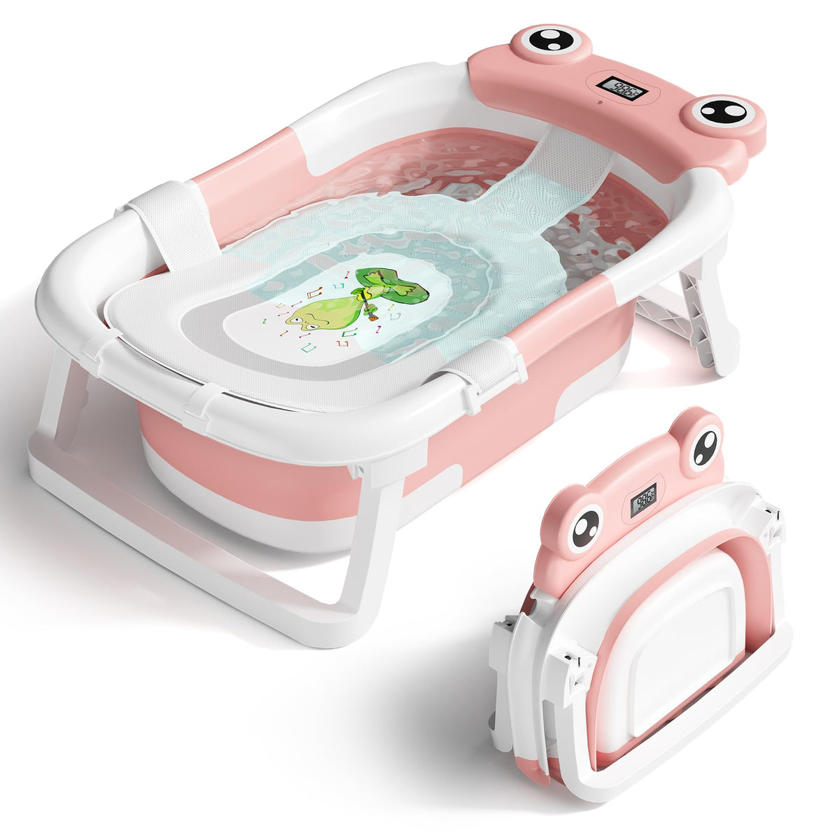 Baby Bathtub, Collapsible Newborn Bathtub for Infant to Toddler 0-24 Months with Soft Cushion and Thermometer,Portable Travel Newborn Tub with No-Slip Feet, Baby Shower Gifts,Green