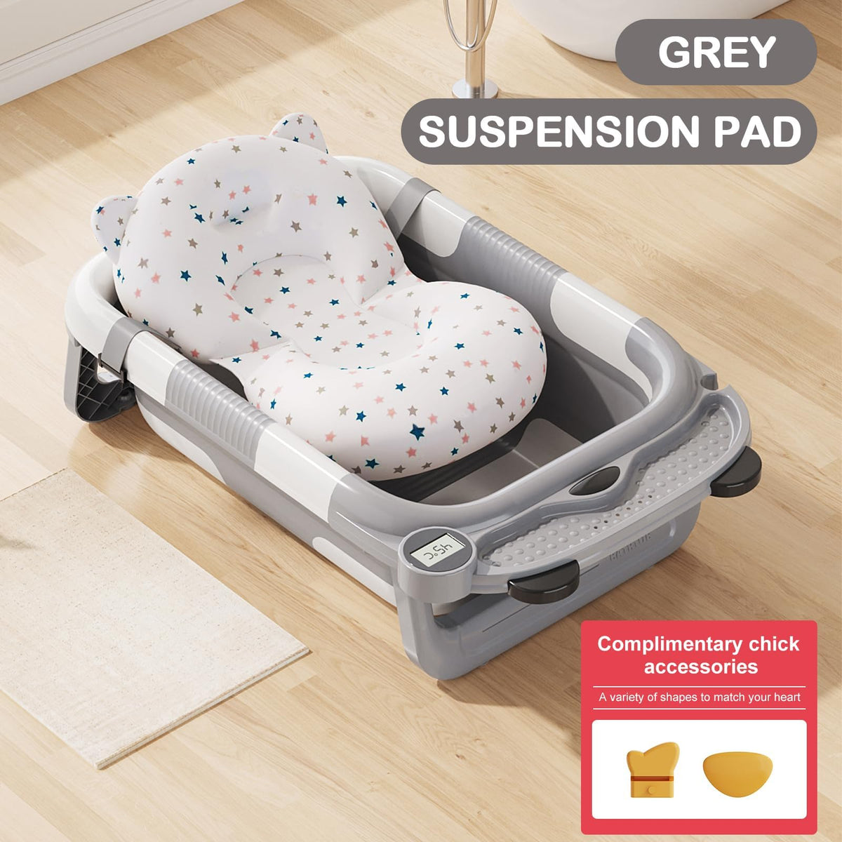 Collapsible Baby Bathtub for Newborn with Real-time Temp Monitor + Soft Floating Cushion Durable Foldable Baby Tubs for Infants to Toddler, Portable Travel Bathtub with Drain Hole Grey