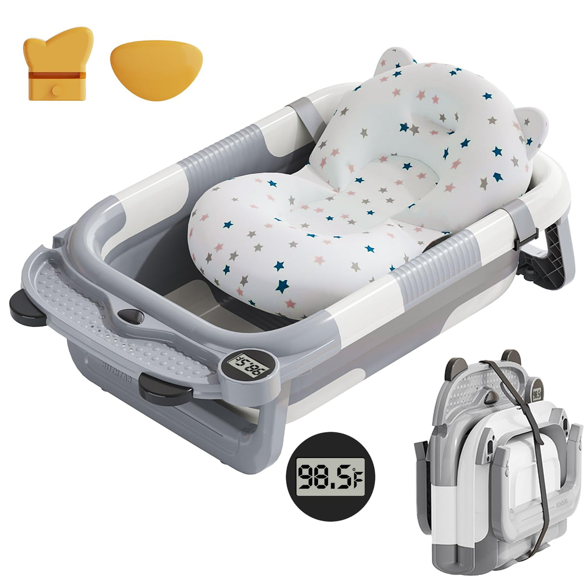 Collapsible Baby Bathtub for Newborn with Real-time Temp Monitor + Soft Floating Cushion Durable Foldable Baby Tubs for Infants to Toddler, Portable Travel Bathtub with Drain Hole Grey