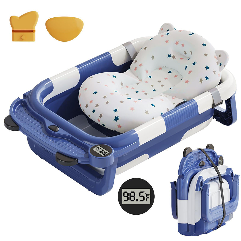 Collapsible Baby Bathtub for Newborn with Real-time Temp Monitor + Soft Floating Cushion Durable Foldable Baby Tubs for Infants to Toddler, Portable Travel Bathtub with Drain Hole Grey