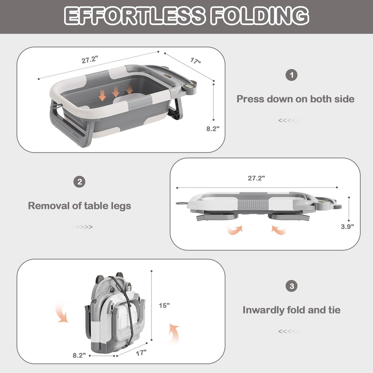 Collapsible Baby Bathtub for Newborn with Real-time Temp Monitor + Soft Floating Cushion Durable Foldable Baby Tubs for Infants to Toddler, Portable Travel Bathtub with Drain Hole Grey