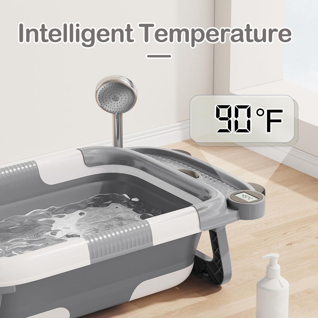 Collapsible Baby Bathtub for Newborn with Real-time Temp Monitor + Soft Floating Cushion Durable Foldable Baby Tubs for Infants to Toddler, Portable Travel Bathtub with Drain Hole Grey