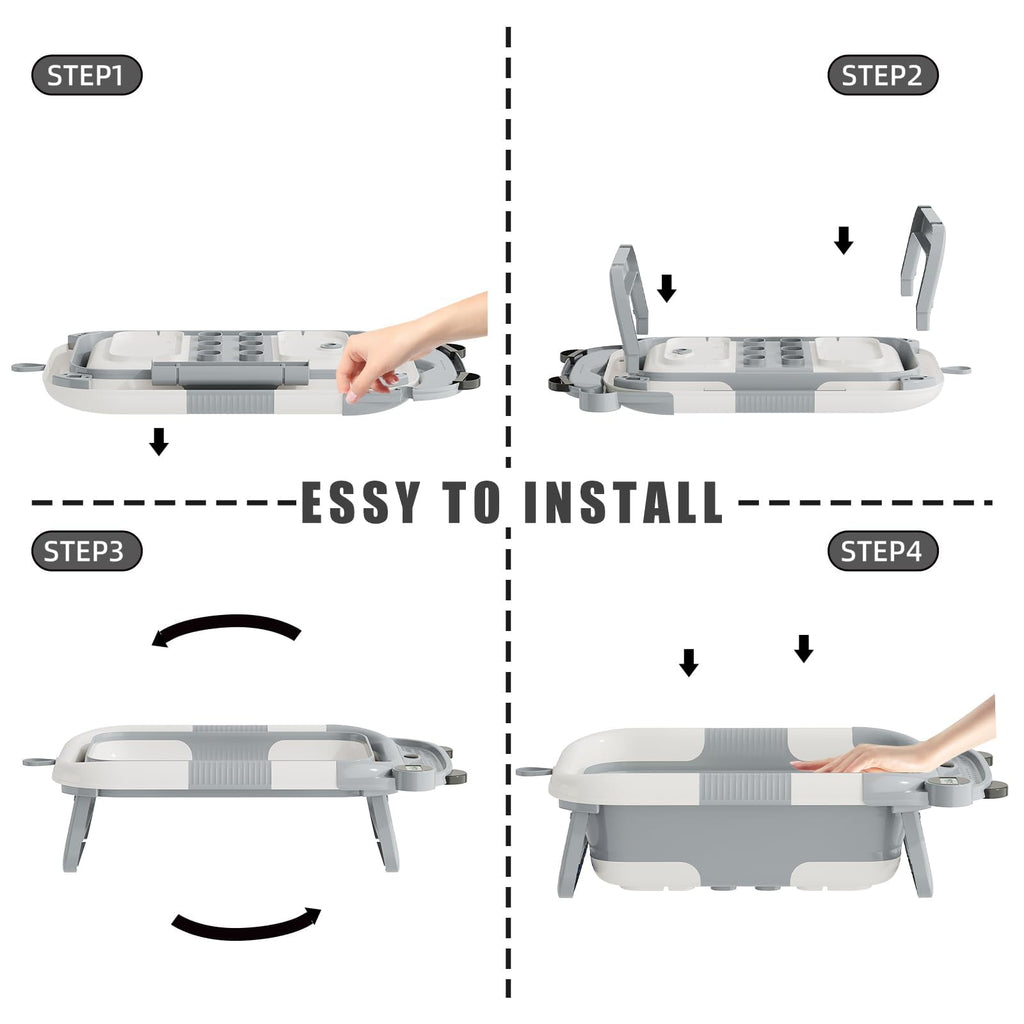 Collapsible Baby Bathtub for Newborn with Real-time Temp Monitor + Soft Floating Cushion Durable Foldable Baby Tubs for Infants to Toddler, Portable Travel Bathtub with Drain Hole Grey