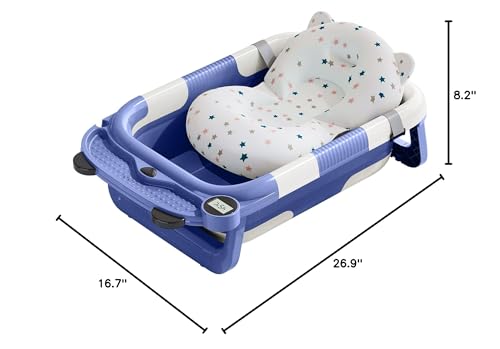 Collapsible Baby Bathtub for Newborn with Real-time Temp Monitor + Soft Floating Cushion Durable Foldable Baby Tubs for Infants to Toddler, Portable Travel Bathtub with Drain Hole Grey